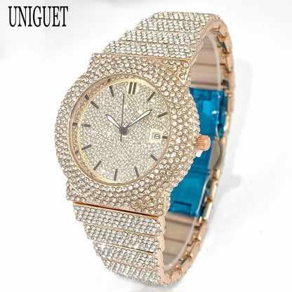 2025 UNIGUET Men's Fashion Iced Watches Luxury Hip Hop Full Diamond Jewelry Quartz Waterproof Business Wrist Watch for Men New