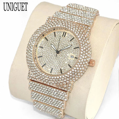 2025 UNIGUET Men's Fashion Iced Watches Luxury Hip Hop Full Diamond Jewelry Quartz Waterproof Business Wrist Watch for Men New