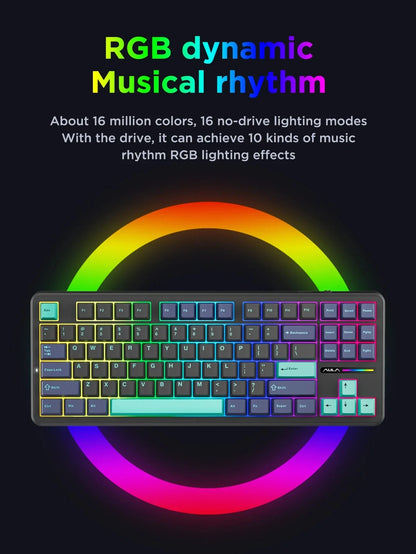 Teclado Mecânico AULA F87 Pro 2.4g/USB/Bluetooth sem fios trimodo, 87 teclas, RGB, PBT, estrutura gasket, 5 camadas de isolamento acústico, teclas completas sem impacto