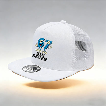1/2PC Flat Brim Mesh Trucker Hat, Breathable, Cartoon 67 SIX SEVEN Anthropomorphic Print, Retro Streetwear for Men Women