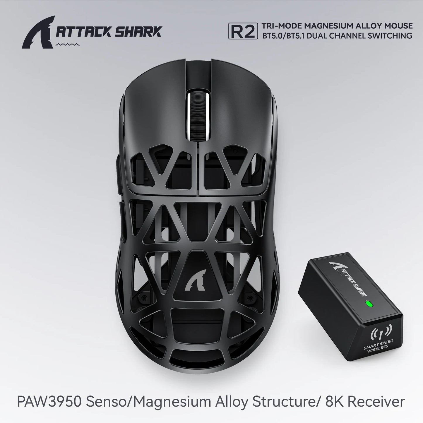 Attack Shark R2 vezeték nélküli gamer egér PAW3950 8K, könnyű magnéziumötvözet gamer egér, Bluetooth tri-mode kapcsolattal játékhoz/irodai használatra