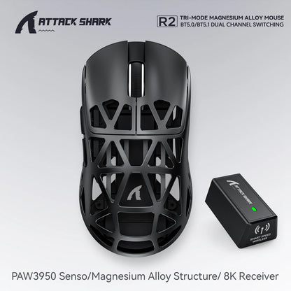 Attack Shark R2 vezeték nélküli gamer egér PAW3950 8K, könnyű magnéziumötvözet gamer egér, Bluetooth tri-mode kapcsolattal játékhoz/irodai használatra