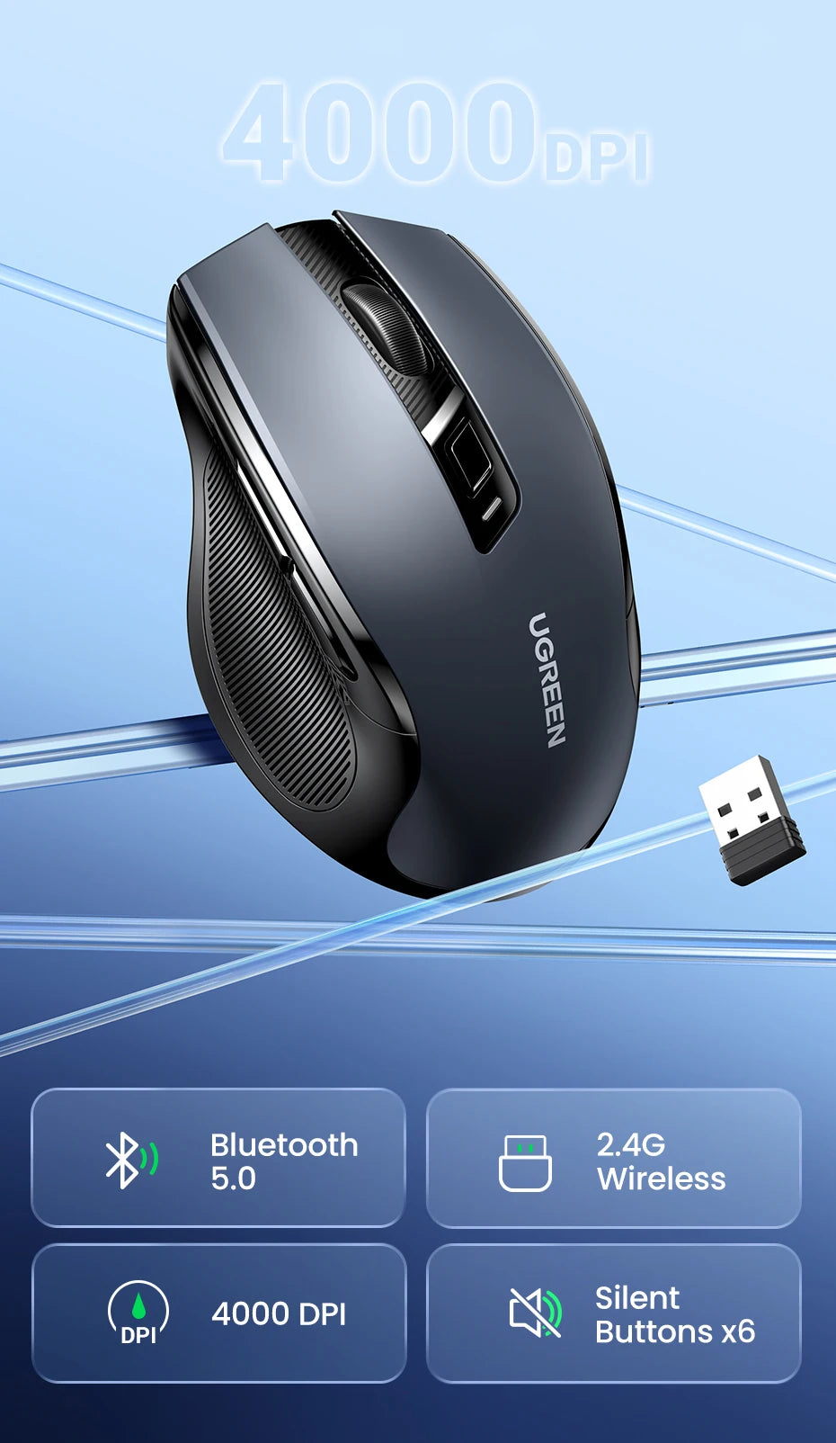 UGREEN bežični miš Bluetooth 5.0, ergonomski miš 4000DPI sa 6 tihih tipki, miš za MacBook, tablet, prijenosna računala, računalo PC, 2.4G miševi