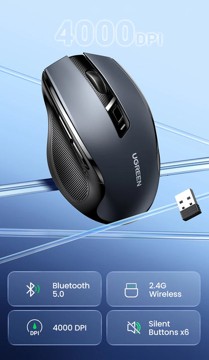 UGREEN bežični miš Bluetooth 5.0, ergonomski miš 4000DPI sa 6 tihih tipki, miš za MacBook, tablet, prijenosna računala, računalo PC, 2.4G miševi