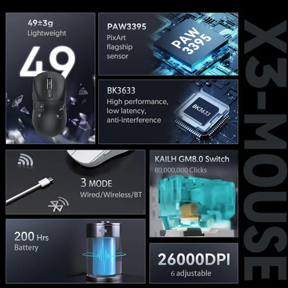 Ποντίκι τριπλής λειτουργίας ATTACK SHARK X3 1K Hz, X3Pro ασύρματο ποντίκι Bluetooth 4K Hz ελαφρύ, PAW3395, ταχύτητα κίνησης 650IPS