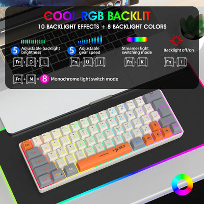 Keyboard RGB USB wired 63 keys gaming gamer compact  mini pc keyboards for trips,office,games business key board (Grey&Orange)