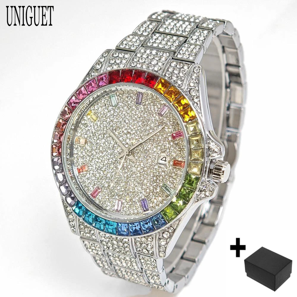 2025 Top Luxury Watch For Men Fashion Ice Diamond Hip Hop Rainbow Diamond Multifunction Man Quartz Wristwatch Gift Dropshipping