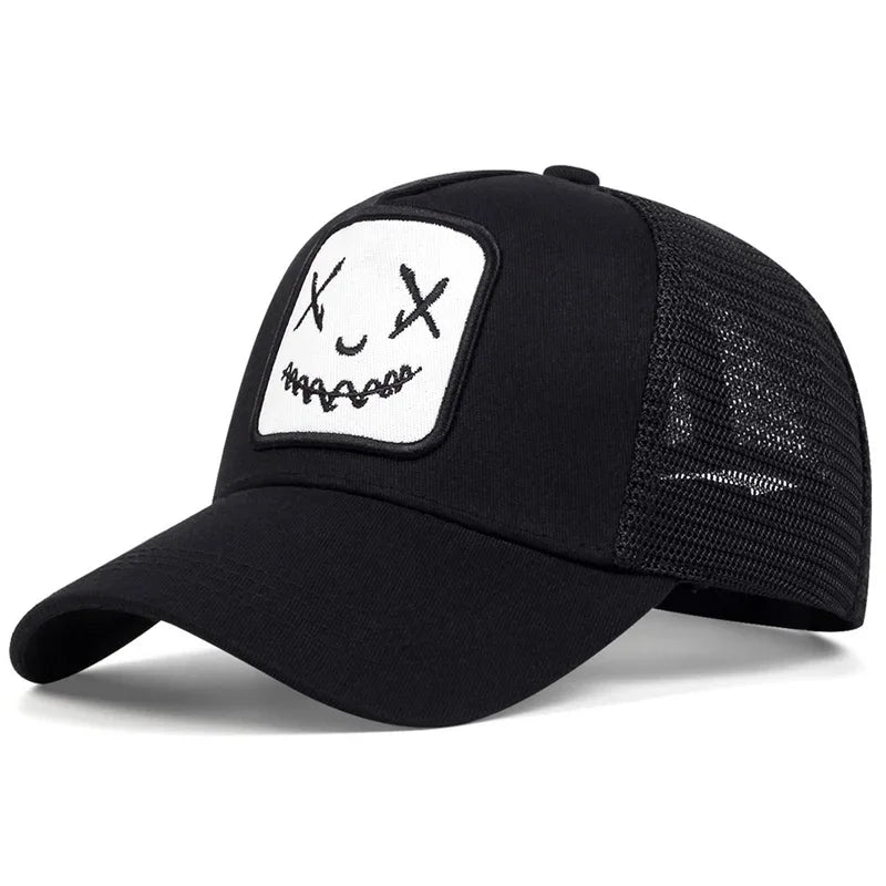 Uomo Donna Cappellini da baseball con ricamo a forma di faccina sorridente in cotone, regolabili con chiusura a scatto, cappellini Hip Hop in rete, cappellini estivi da esterno, cappellini da sole, cappellini da papà