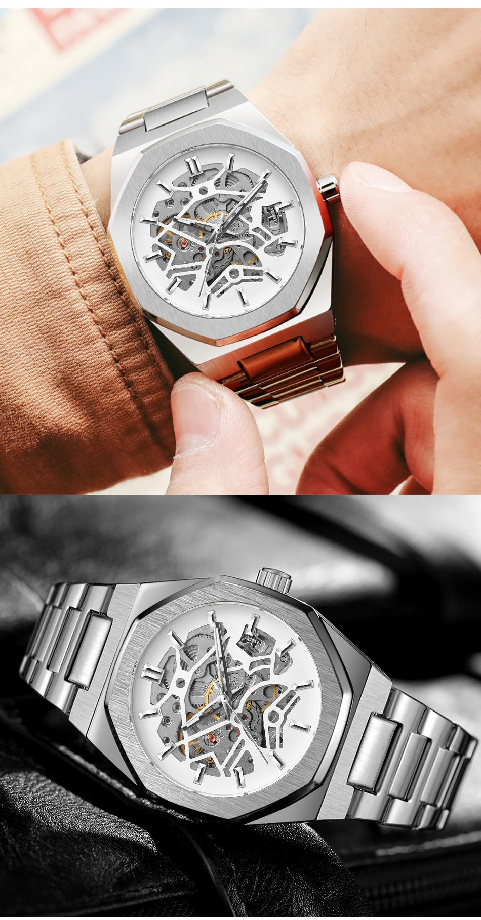 FORSINING 344D Top Brand Luxury Skeleton Automatic Mechanical Men's Watch Hollow Design Luminous Stainless Steel Strap Clock Men