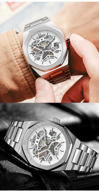 FORSINING 344D Top Brand Luxury Skeleton Automatic Mechanical Men's Watch Hollow Design Luminous Stainless Steel Strap Clock Men