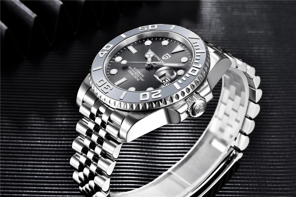 PAGANI DESIGN Automatic Watch Rose Gold Diver Watch 100M Waterproof Luxury Sport Wristwatch Black Rubber Strap Relogio Masculino