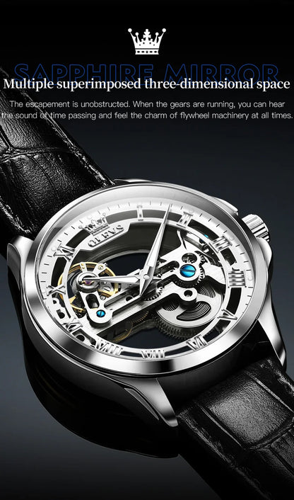 OLEVS Skeleton Automatic Mechanical Watch Men Leather Strap Luminous Waterproof Luxury Business Wristwatch For Man 6661