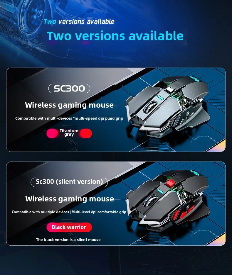 2025 Ny SC300 trådlös 2.4G gamingmus RGB 3200dpi uppladdningsbar tyst mekanisk e-sportmus för stationär dator och laptop