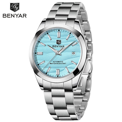 BENYAR luxury brand 40MM sand grain dial men's watch, stainless steel 50 meter waterproof automatic mechanical watch
