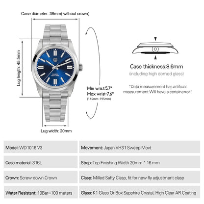 Watchdives WD1016 V3 Quartz Watch 37mm Stainless Steel Case Sapphire Vintage Watch  VH31 Sweep Movemet 100m Waterproof Men Watch