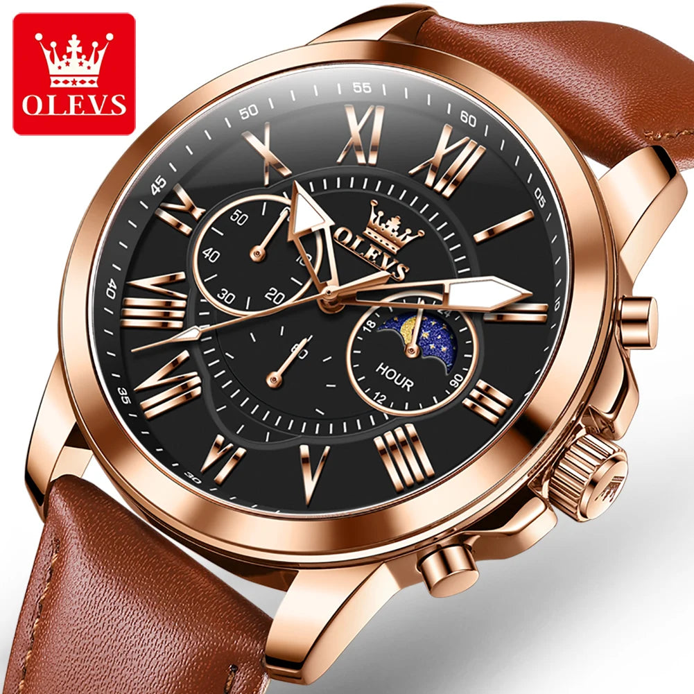OLEVS 3632 Men Watch Elegant Luxury Sport Quartz Watch Scale Waterproof Luminous Automatic Date Moon Belt Watch Gifts Original