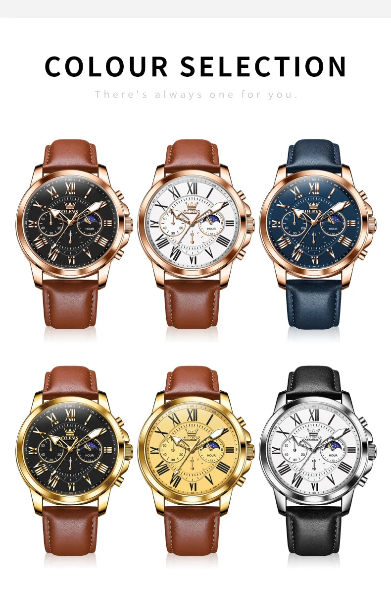 OLEVS 3632 Men Watch Elegant Luxury Sport Quartz Watch Scale Waterproof Luminous Automatic Date Moon Belt Watch Gifts Original