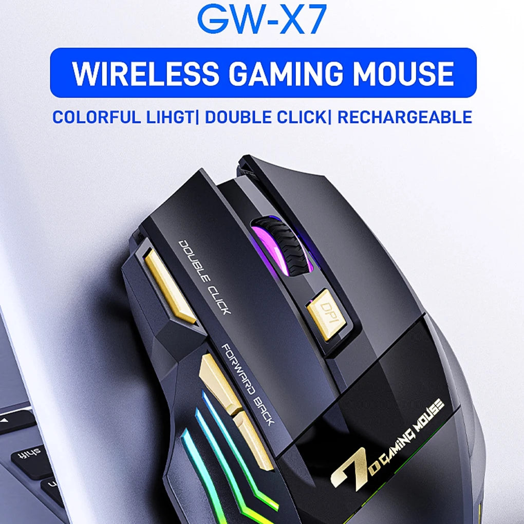 Wireless Rechargeable Optical Mouse RGB Breathing Light 7 Buttons Gaming Computer Mice Adjustable for Desktop PC