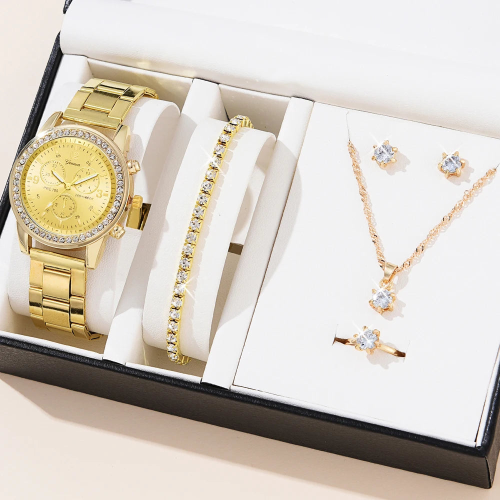 5PCS Quartz Watch Set Women Fashion Silver Round 3 Eyes Alloy Strap Wristwatch Gift Rhinestone Watch For Women Jewelry Set