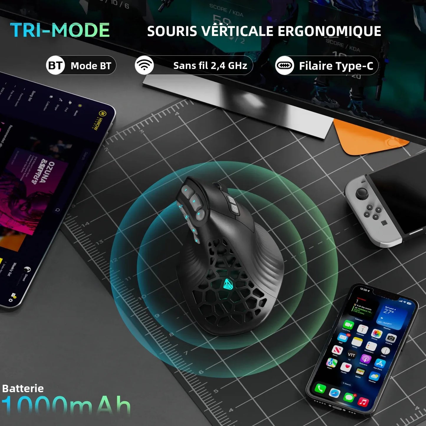 SOLAKAKA E9 Pro MMO verticale muis PAW3395-sensor 1000mAh batterij 45° verticale grip ergonomische muis 8k gamingmuis