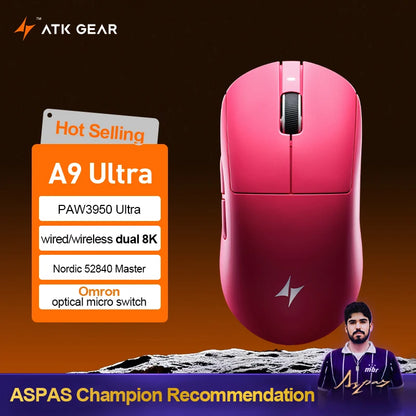 ATK Dragonfly A9 Ultimate vezeték nélküli gaming egér A9 Air PAW3950, ultrakönnyű ergonomikus e-sport gamer FPS egér CSGO-hoz A9 Ultra