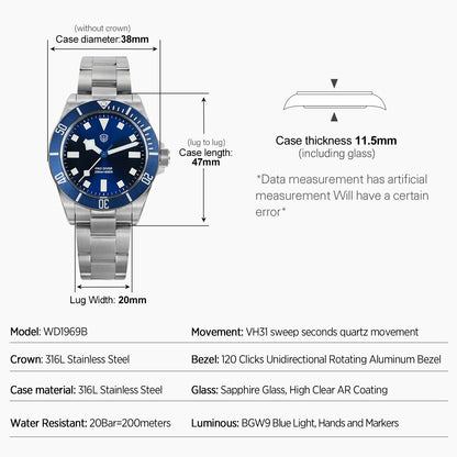 Watchdives WD1969 PRO Men Quartz Watch Sapphire Crystal Luminous Waterproof VH31Sweep Seconds Movement Stainless Steel Watches