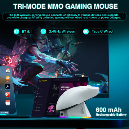 Bezdrátová herní myš SOLAKAKA SM820 Tri-mode s magnetickou dobíjecí stanicí, RGB, PAW3311, 24000DPI, bezdrátová makro myš, ultralehká