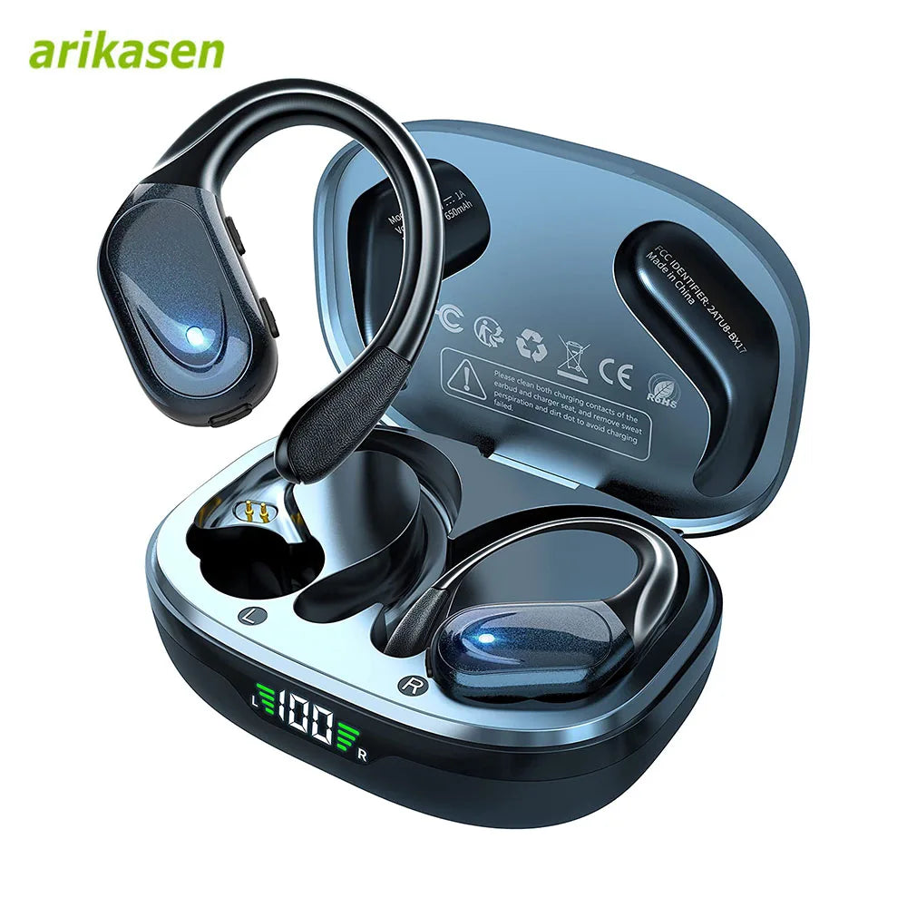 Écouteurs sans fil Sport Bluetooth 5.3, avec micro antibruit, HiFi stéréo 75H, sur l'oreille, affichage LED USB-C IPX6