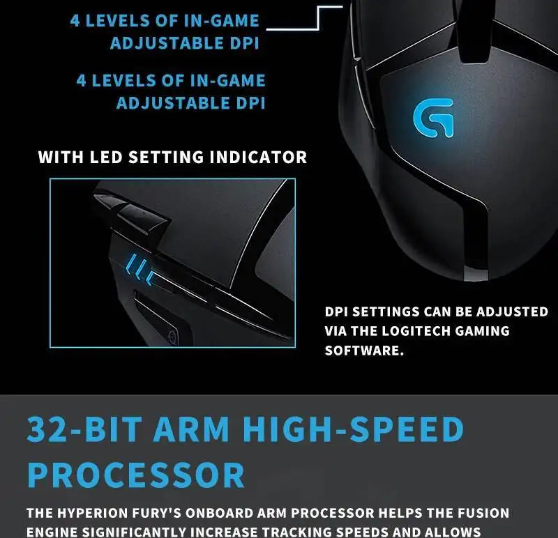 „Logitech G402“ žaidimų pelė su „Fusion Engine“ technologija, 4 DPI nustatymais, 32 bitų procesoriumi ir neslystančia danga profesionaliam konkurenciniam žaidimui