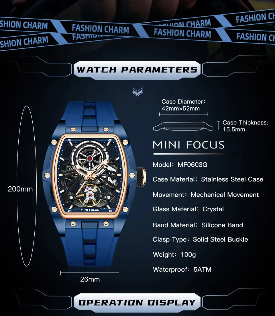 MINI FOCUS férfi karóra, divatos fekete, vízálló automata mechanikus óra világító mutatókkal, szilikon szíjjal és tonneau számlappal