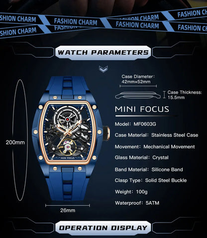 MINI FOCUS férfi karóra, divatos fekete, vízálló automata mechanikus óra világító mutatókkal, szilikon szíjjal és tonneau számlappal