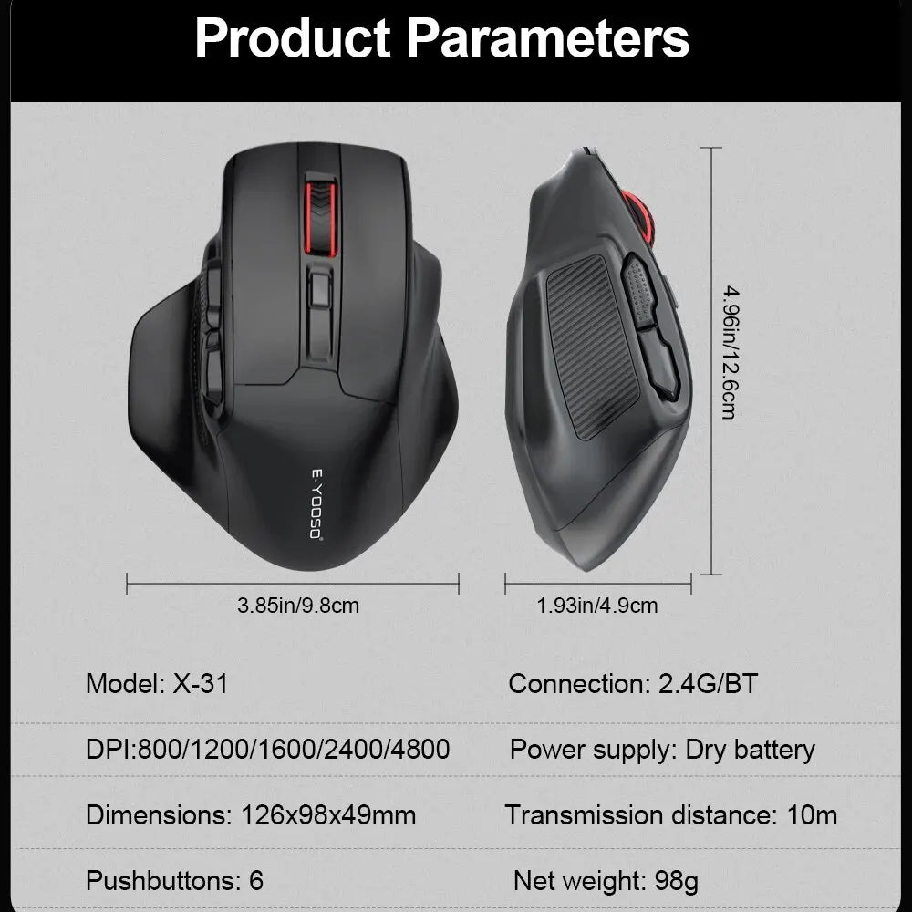 E-YOOSO X-31 Pro USB herní velká myš s podporou Bluetooth 2.4G, bezdrátová, PAW3212, 4800 DPI, pro hráče, počítač, notebook a PC