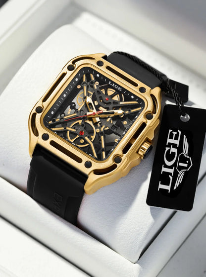 LIGE New Fashion Men Watches Luxury Large Dial Square Design Quartz Watch Casual Silicone Band Men's Sports Watches Reloj Hombre