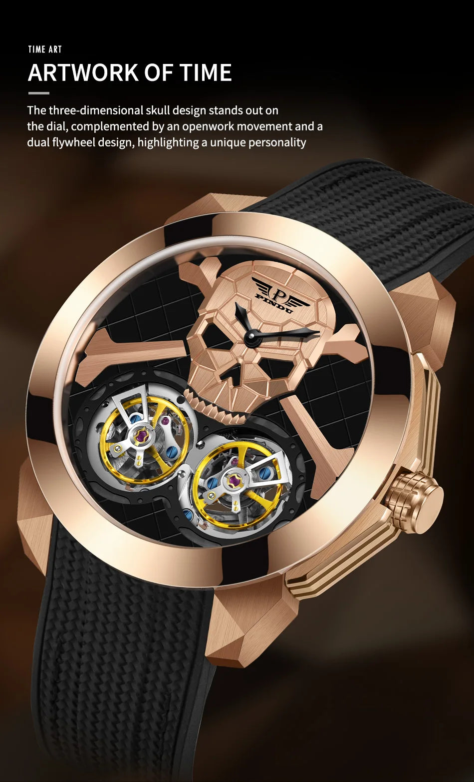 PINDU Watch New TOP Men Mechanical Watches Double Flywheel Automatic Movement Sapphire 5ATM Waterproof 45.5MM Wristwatches Men