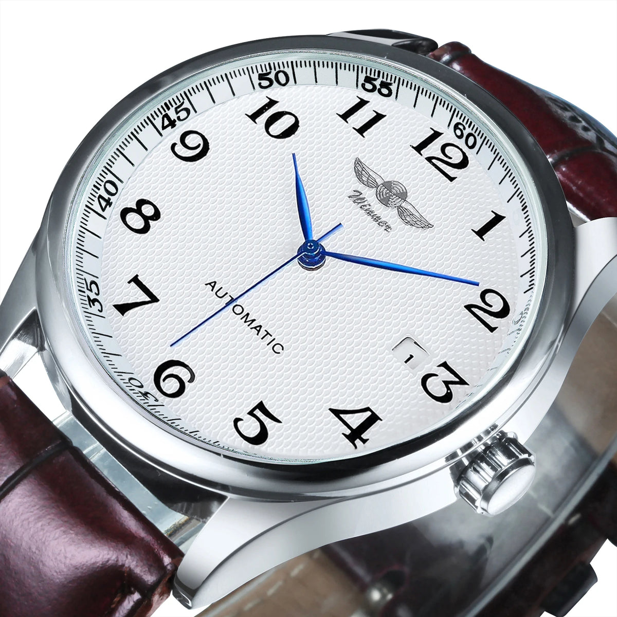 Relógio clássico para homem – Estilo retro com calendário e ponteiros azuis, movimento mecânico automático, marca de prestígio, caixa em aço e bracelete em pele