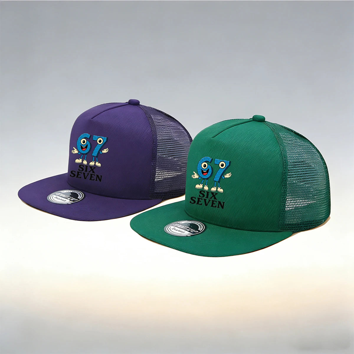 1/2PC Flat Brim Mesh Trucker Hat, Breathable, Cartoon 67 SIX SEVEN Anthropomorphic Print, Retro Streetwear for Men Women