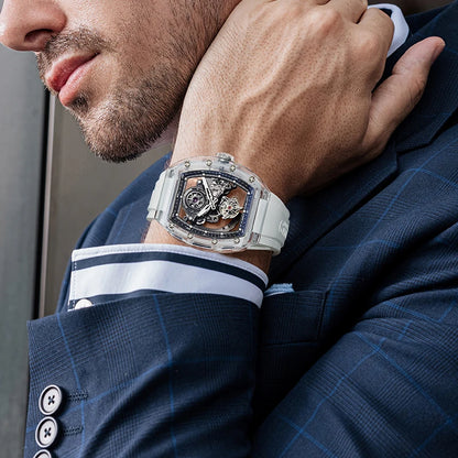 BONEST GATTI Automatic Movement Tourbillon Mechanical Wristwatch Crystal Case Luminous Watch Fluororubber Strap Watches for Men