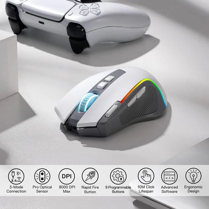 Redragon M612 PRO RGB BT 2.4G gamingmus, 8000 DPI trådløs optisk, 9 programmerbare knapper, 7 baggrundsbelyste tilstande, B