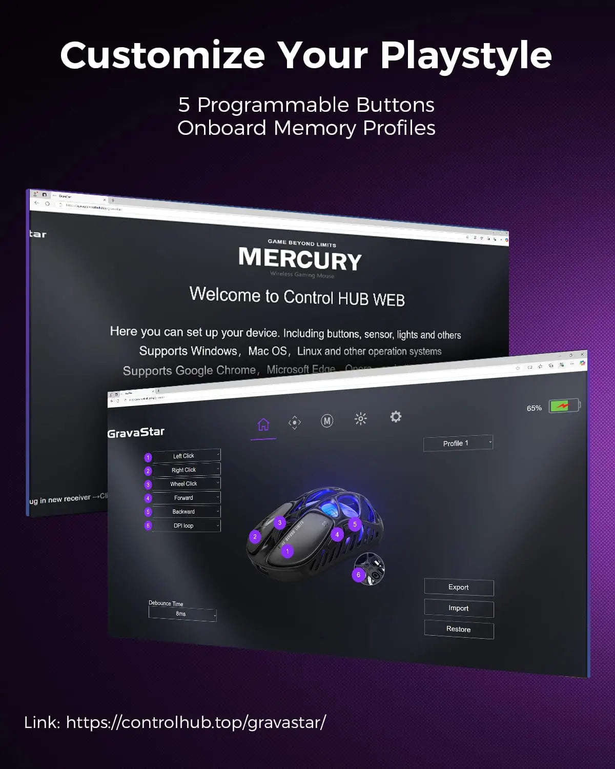 Mysz gamingowa bezprzewodowa GravaStar Mercury X – sensor PAW 3950 32,000 DPI, częstotliwość odpytywania 1000Hz, tylko 49g, pusta konstrukcja F ze stopu magnezu