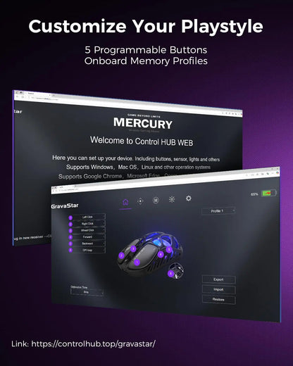Mysz gamingowa bezprzewodowa GravaStar Mercury X – sensor PAW 3950 32,000 DPI, częstotliwość odpytywania 1000Hz, tylko 49g, pusta konstrukcja F ze stopu magnezu