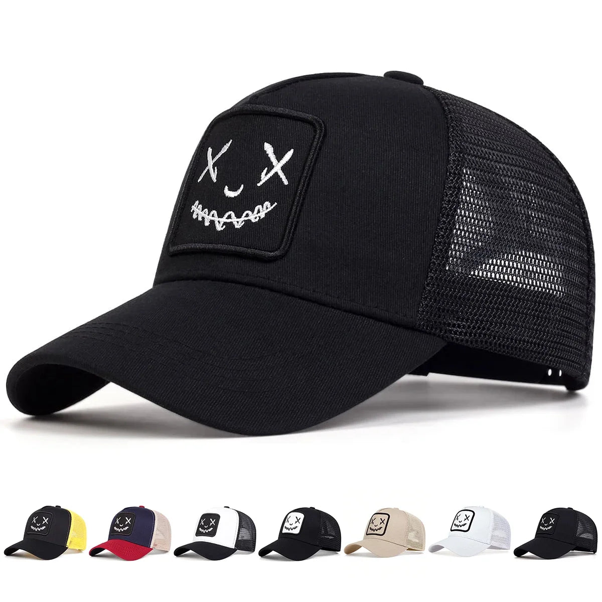 Uomo Donna Cappellini da baseball con ricamo a forma di faccina sorridente in cotone, regolabili con chiusura a scatto, cappellini Hip Hop in rete, cappellini estivi da esterno, cappellini da sole, cappellini da papà