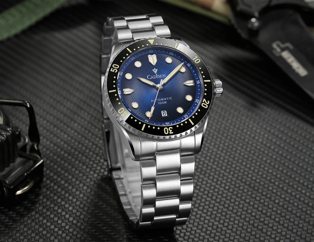 CADISEN Mechanical Automatic Watch Luxury Sapphire Japan MIYOTA 8215 Blue Wristwatch Ceramic Ring Waterproof Gift Men Watch