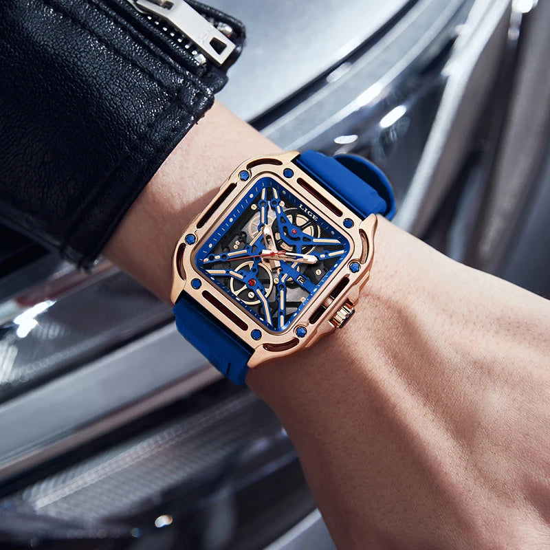 LIGE New Fashion Men Watches Luxury Large Dial Square Design Quartz Watch Casual Silicone Band Men's Sports Watches Reloj Hombre