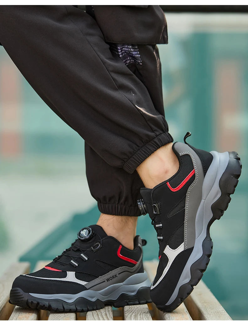 Chaussures de travail pour hommes, bottes de sécurité à bout en acier, chaussures Anti-écrasement, baskets légères et respirantes noires à bouton rotatif