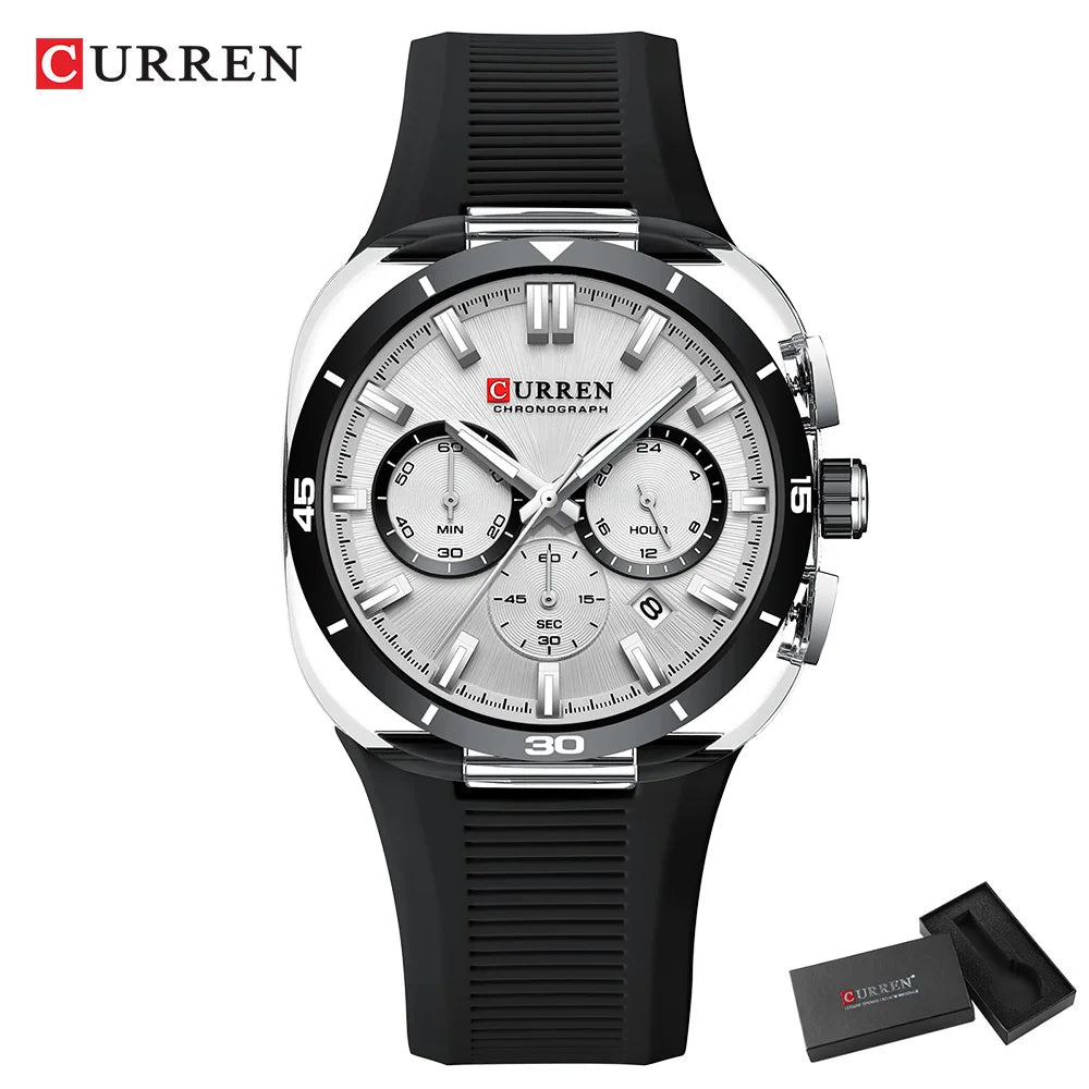 Relógio de homem CURREN – Novo modelo de luxo com movimento de quartzo, bracelete em silicone, estilo desportivo, multifunções, à prova de água, luminoso, com indicação da data e cronómetro.