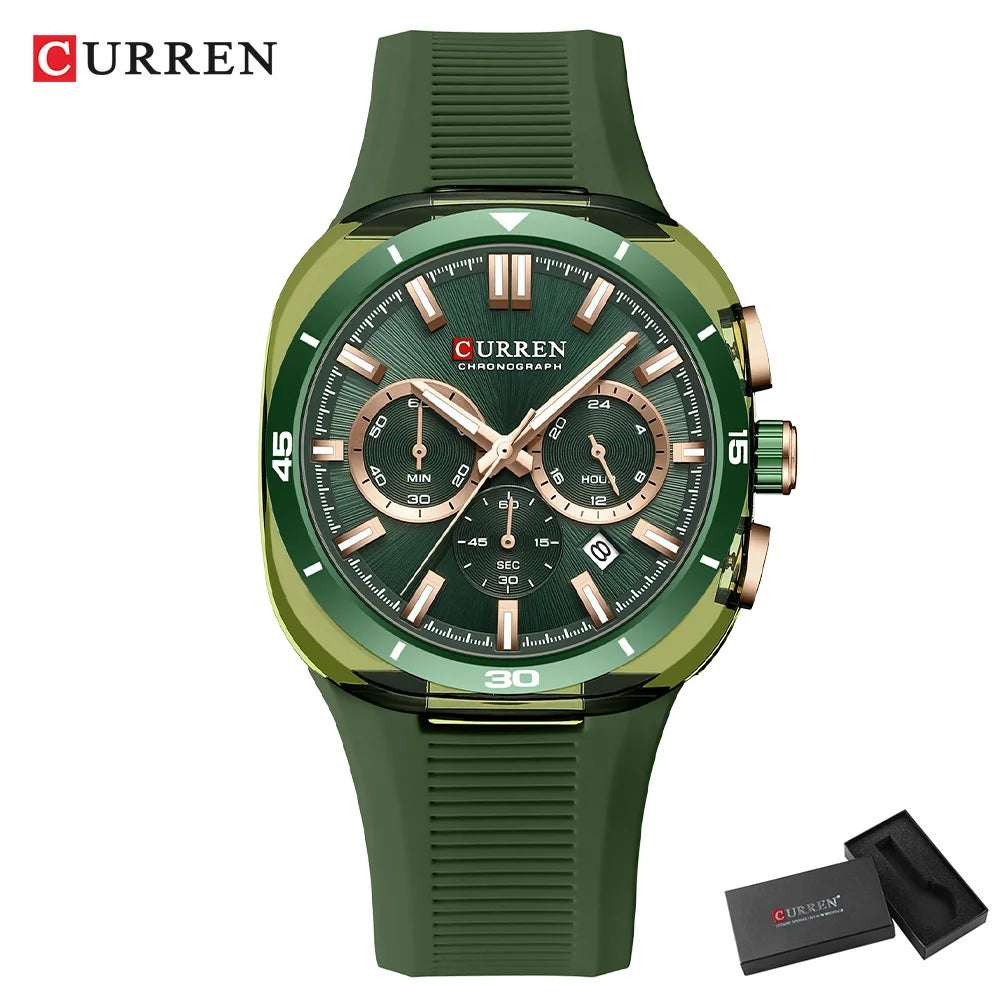 Relógio de homem CURREN – Novo modelo de luxo com movimento de quartzo, bracelete em silicone, estilo desportivo, multifunções, à prova de água, luminoso, com indicação da data e cronómetro.
