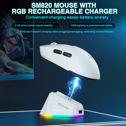 Bezdrátová herní myš SOLAKAKA SM820 Tri-mode s magnetickou dobíjecí stanicí, RGB, PAW3311, 24000DPI, bezdrátová makro myš, ultralehká