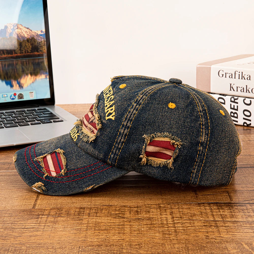 Vintage USA Flag 250th Anniversary 1776-2026 Distressed Denim Baseball Cap Adjustable Patriotic Dad Hat for Men Women