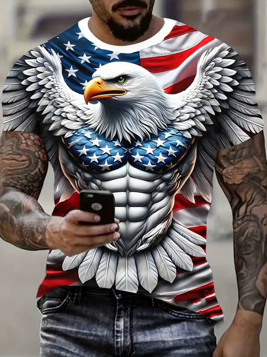 Tricou patriotic pentru bărbați cu imprimeu 3D cu vultur, decolteu rotund, mâneci scurte, stil casual, pentru vară, modă și activități în aer liber, îmbrăcăminte pentru bărbați
