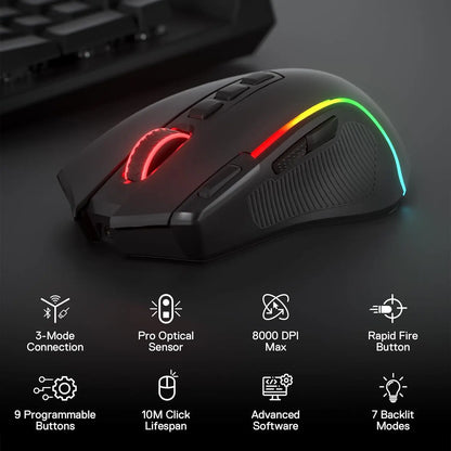 Redragon M612 PRO BT & 2.4RGB gaming miška, 8000 DPI, žična/brezžična optična gaming miška, 11 programabilnih gumbov in 6 načinov osvetlitve ozadja